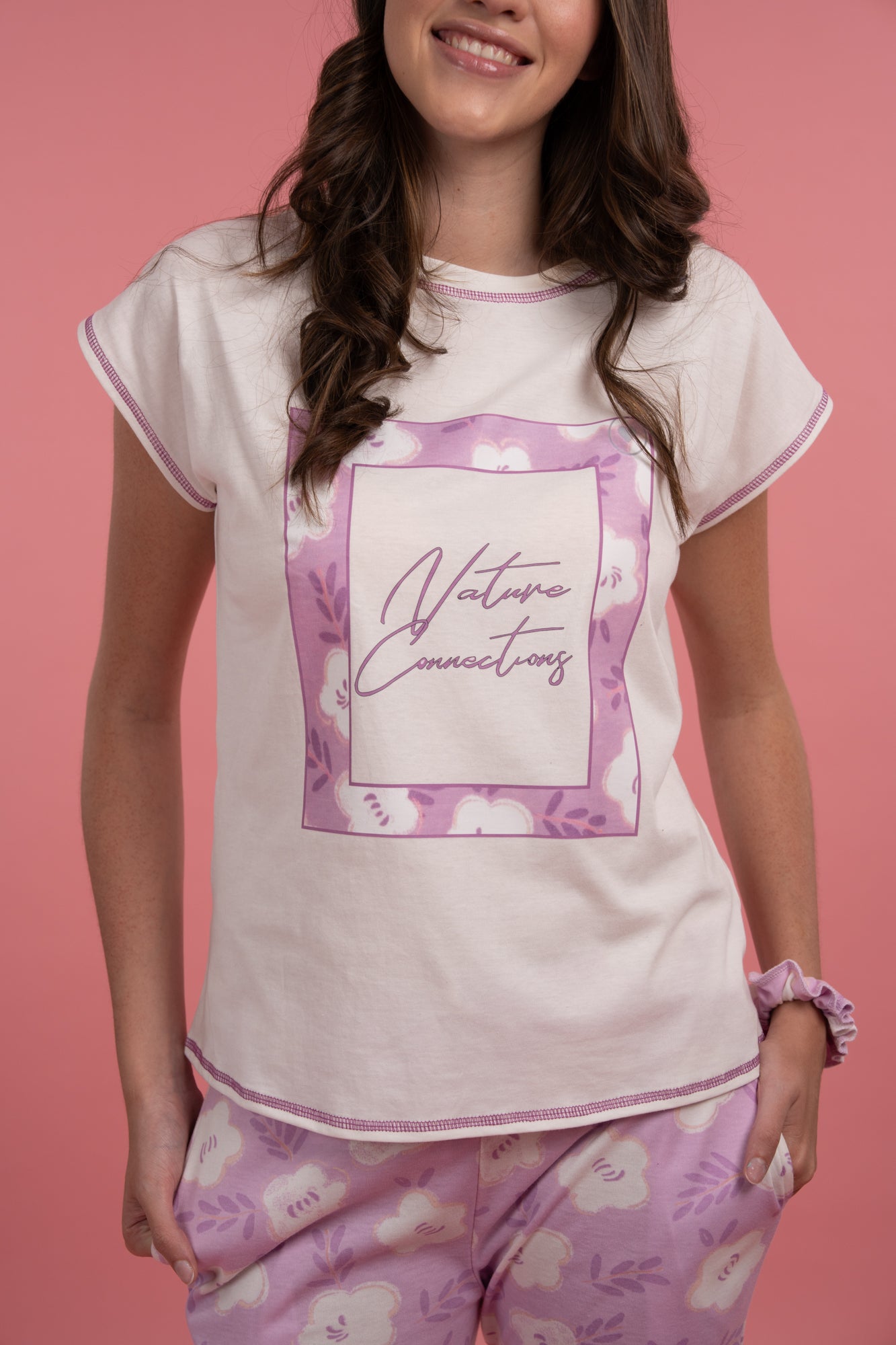 Pijama Natural Pink 2 piezas , blusa manga corta y pantalones con bolsas
