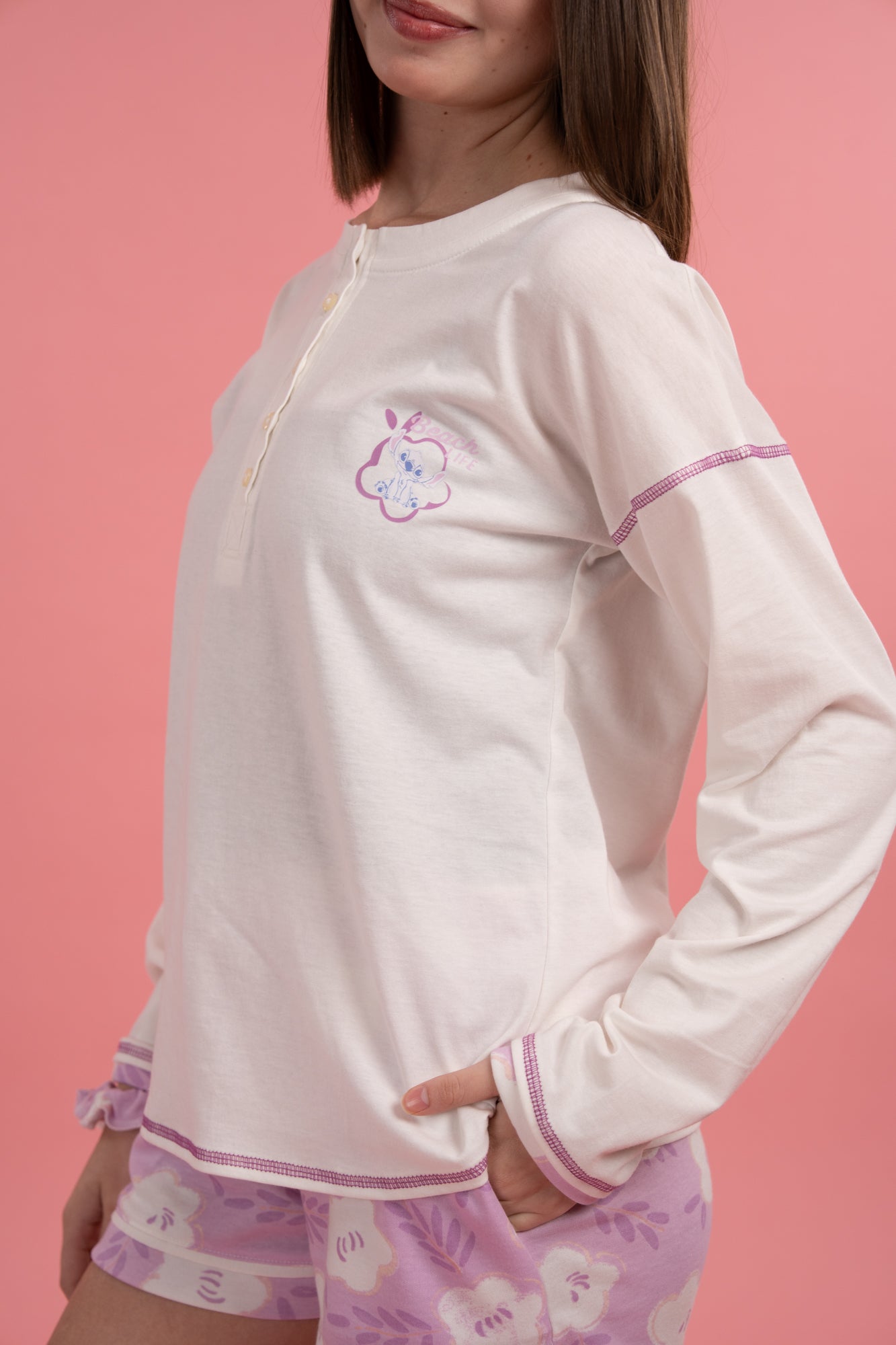Pijama Stitch Life 2 piezas , blusa manga larga y short con bolsas