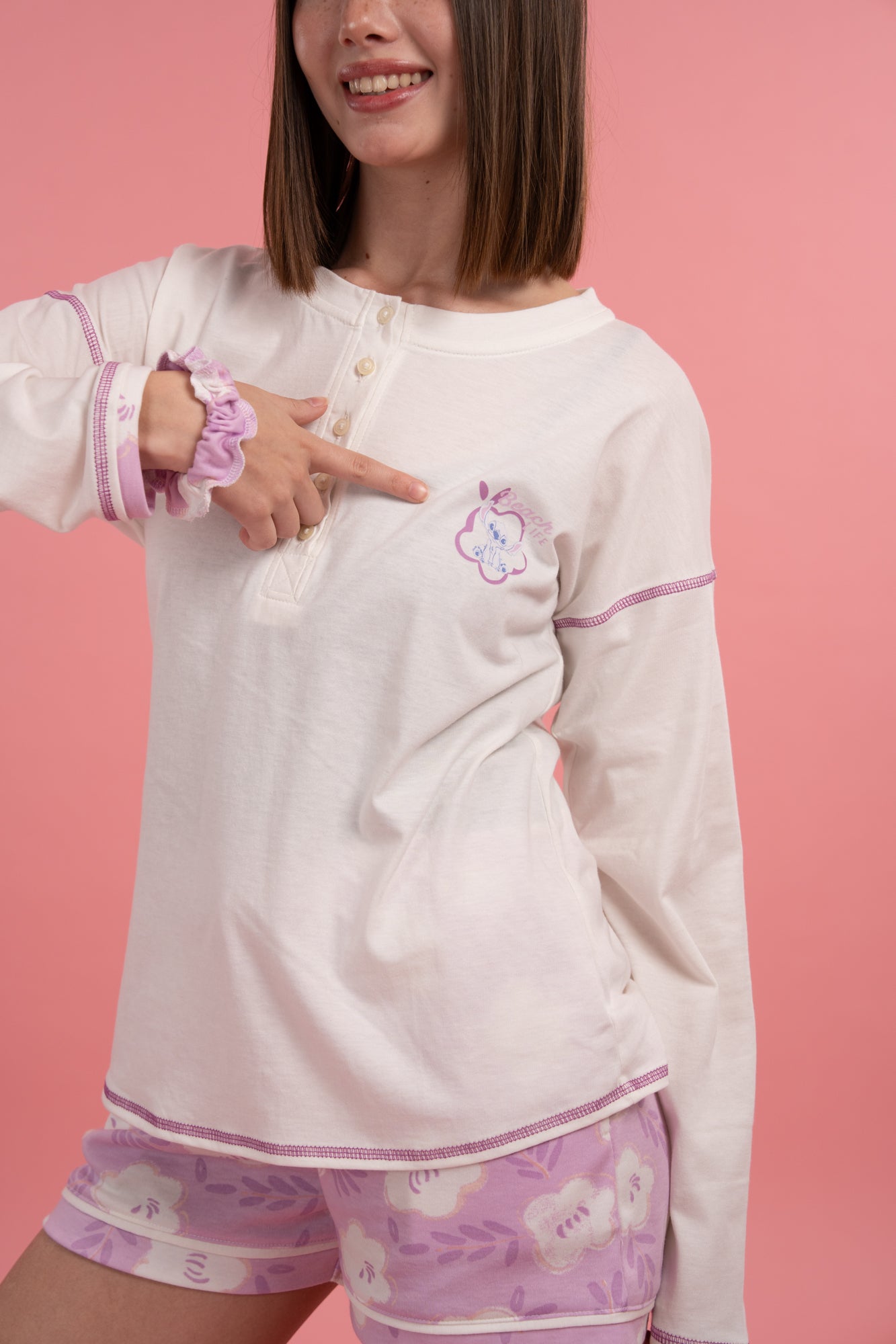Pijama Stitch Life 2 piezas , blusa manga larga y short con bolsas