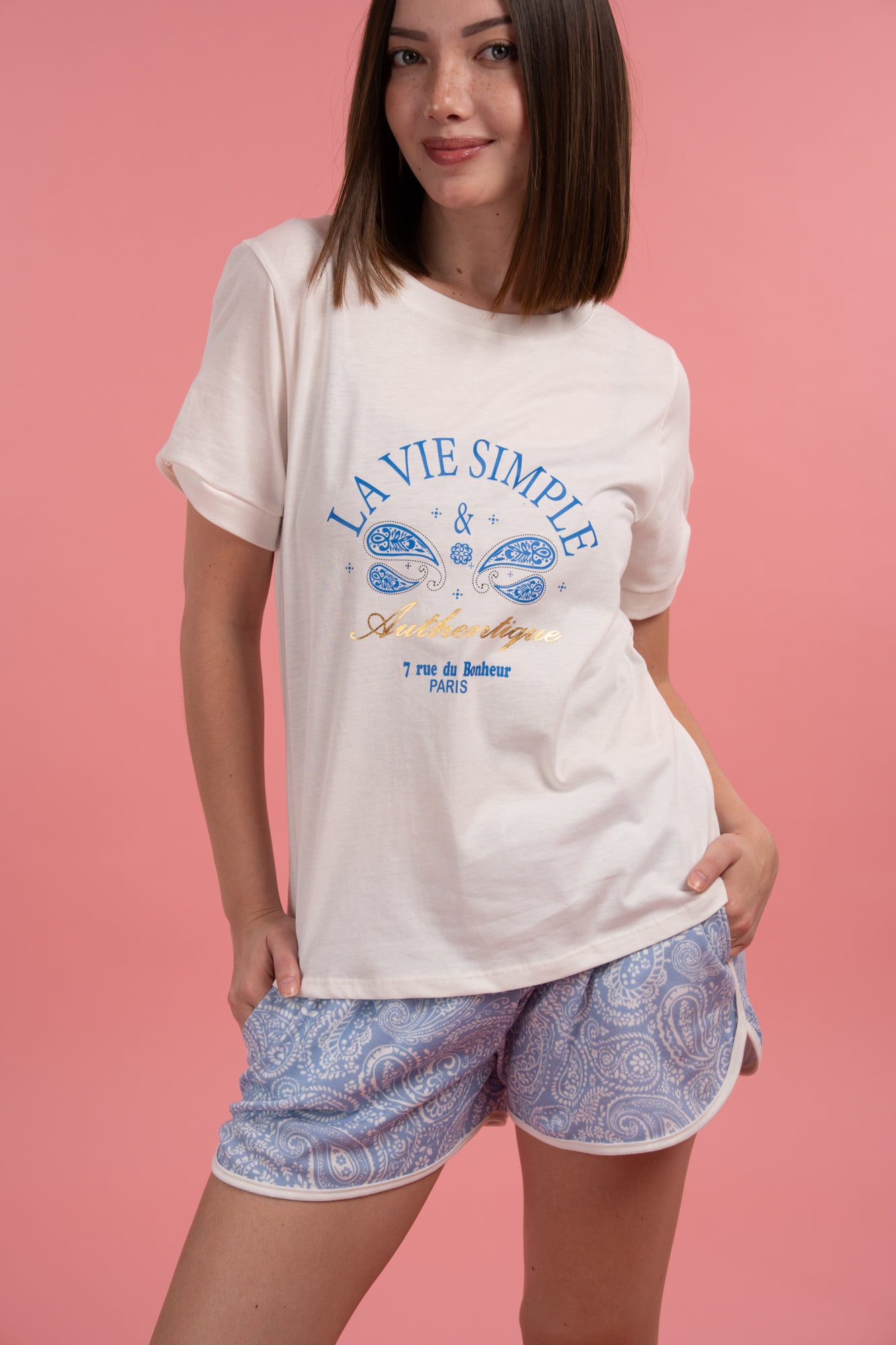 Pijama Vía Simple 2 piezas , blusa manga corta y short con bolsas