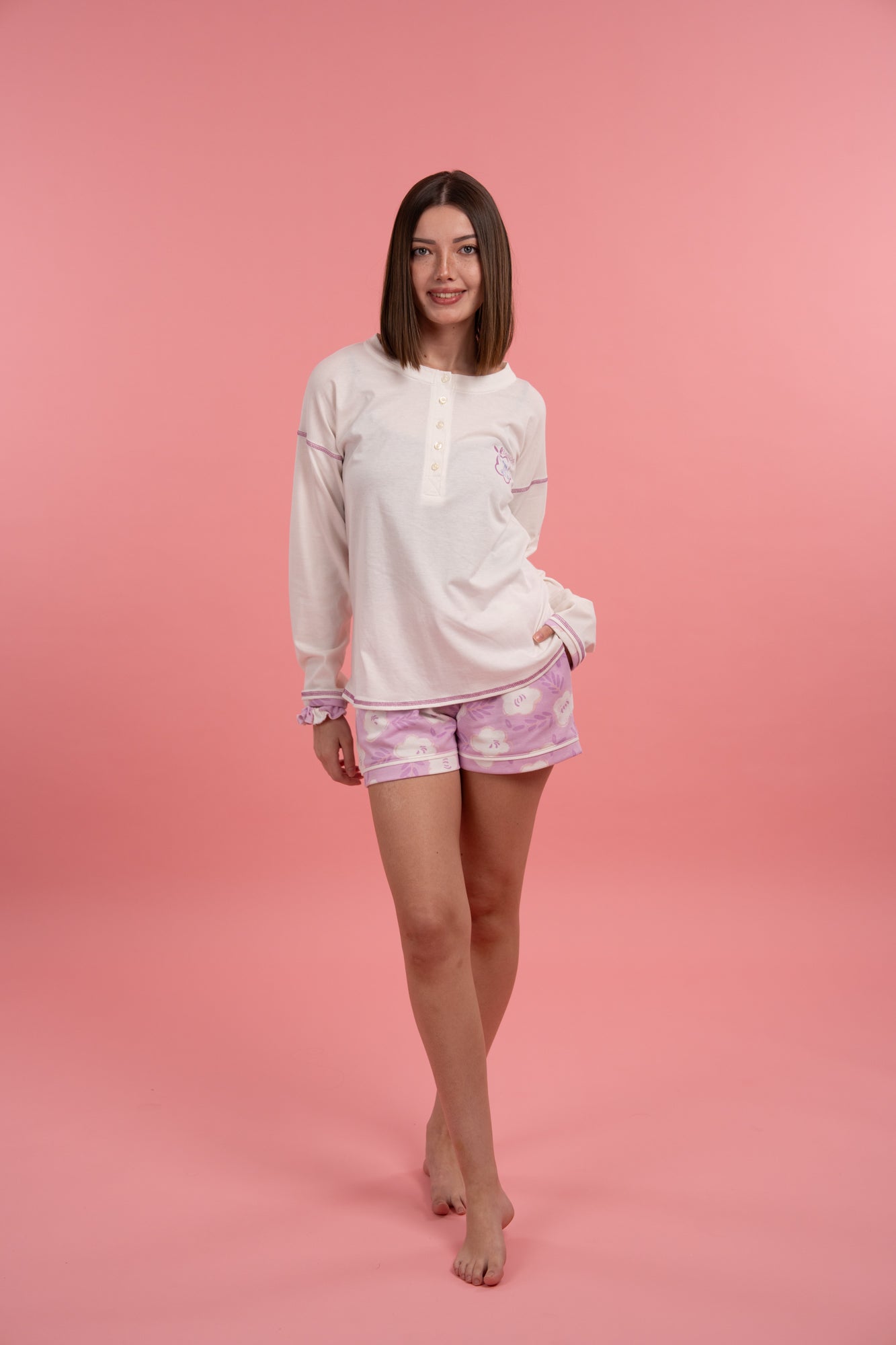 Pijama Stitch Life 2 piezas , blusa manga larga y short con bolsas