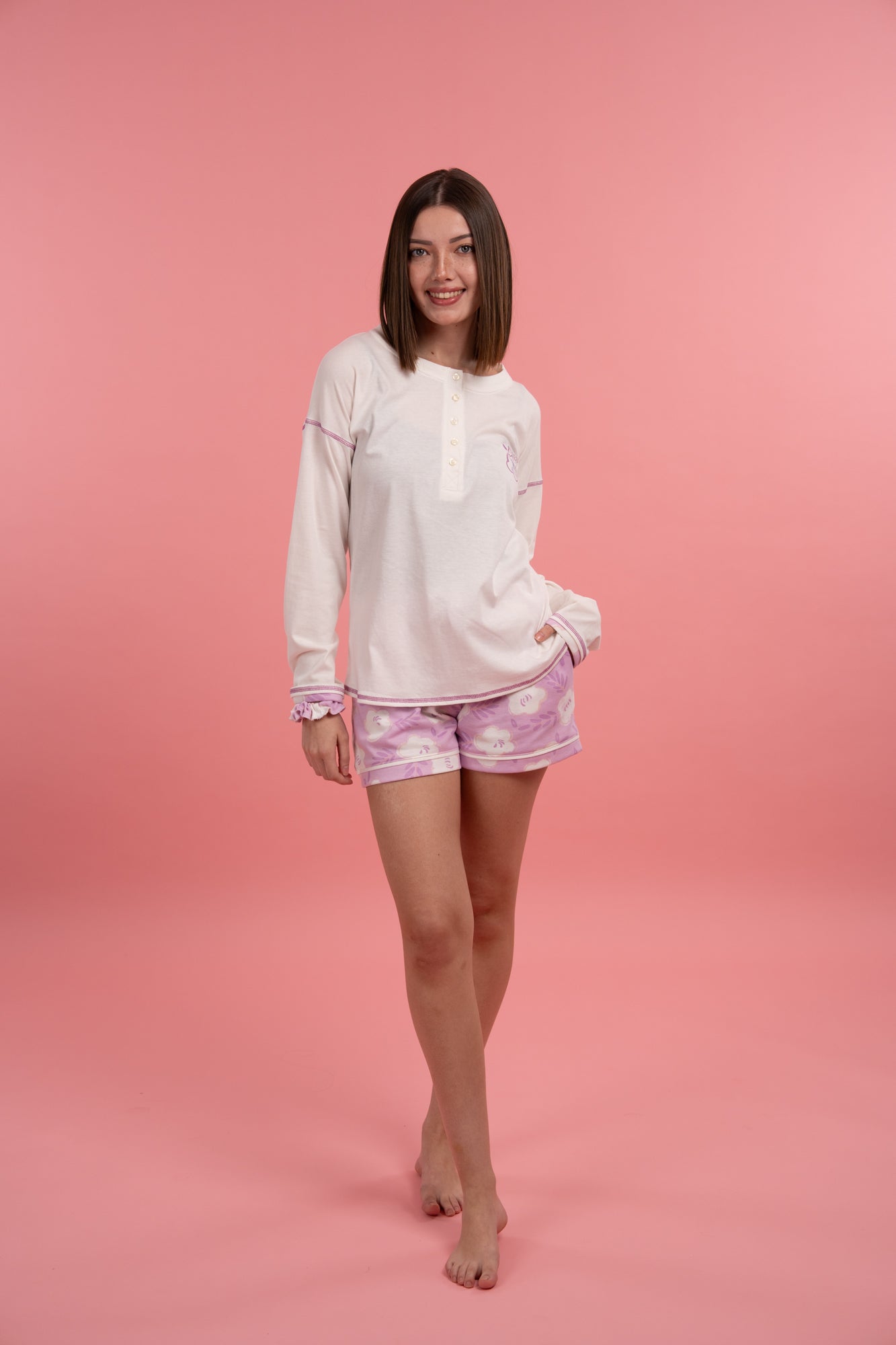 Pijama Stitch Life 2 piezas , blusa manga larga y short con bolsas