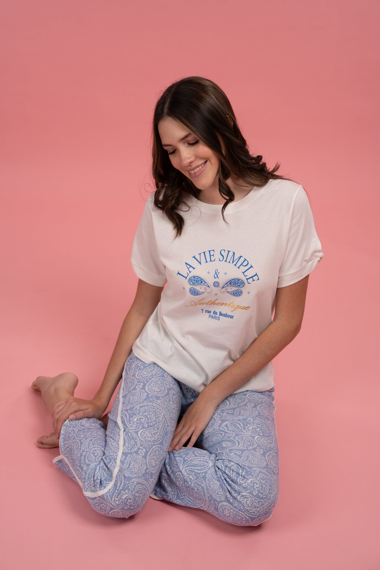 Pijama Vía Simple 2 piezas , blusa manga corta y pantalón con bolsas
