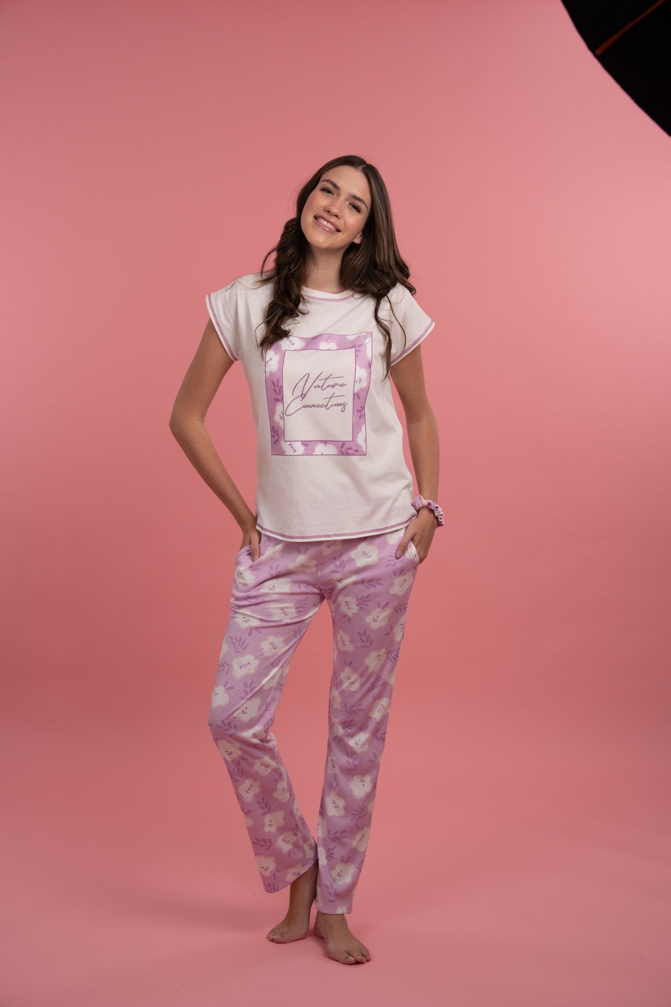 Pijama Natural Pink 2 piezas , blusa manga corta y pantalones con bolsas