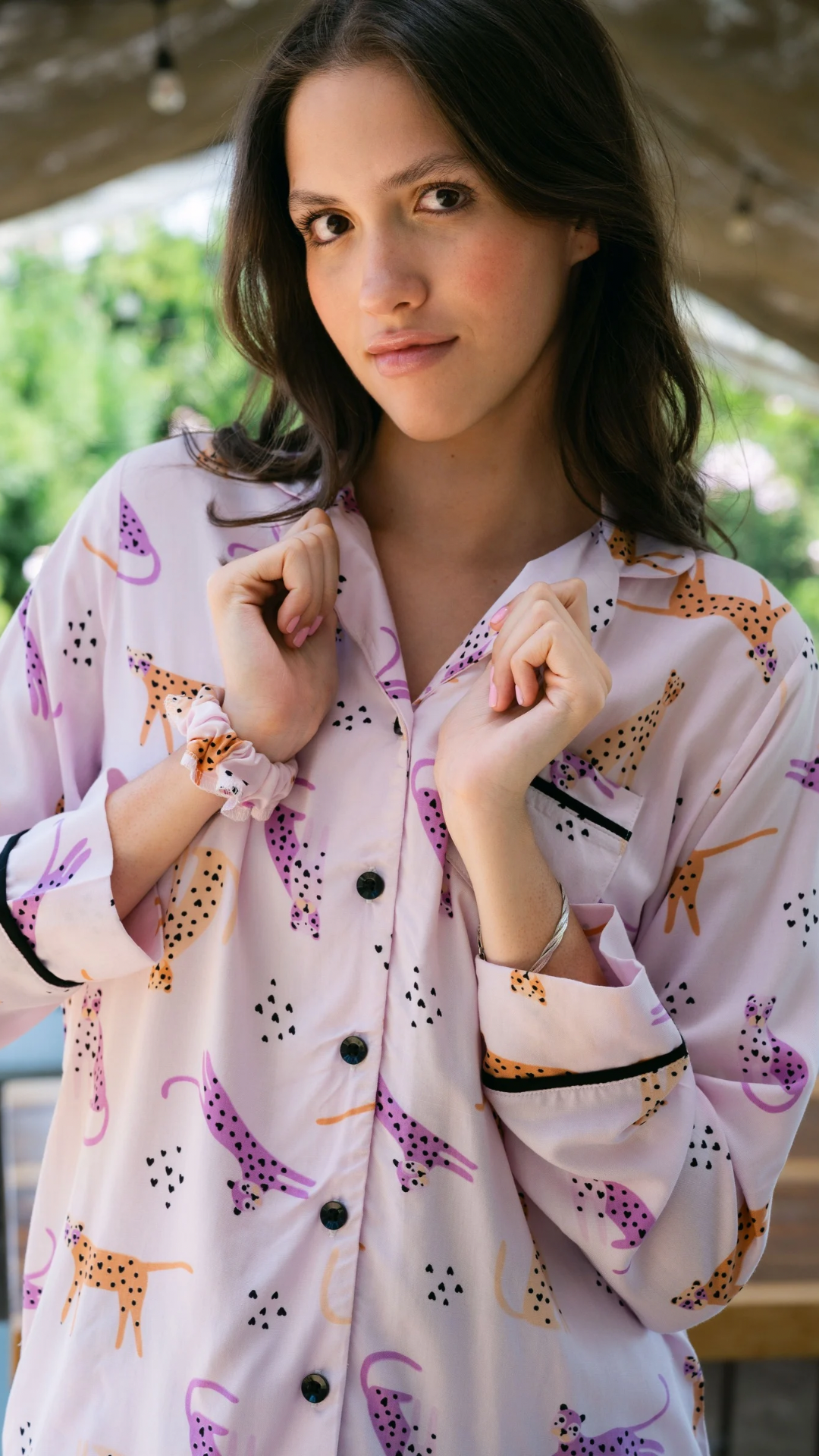 Pijama Camisera leopardo 2 piezas , blusa manga larga , y pantalón con bolsas