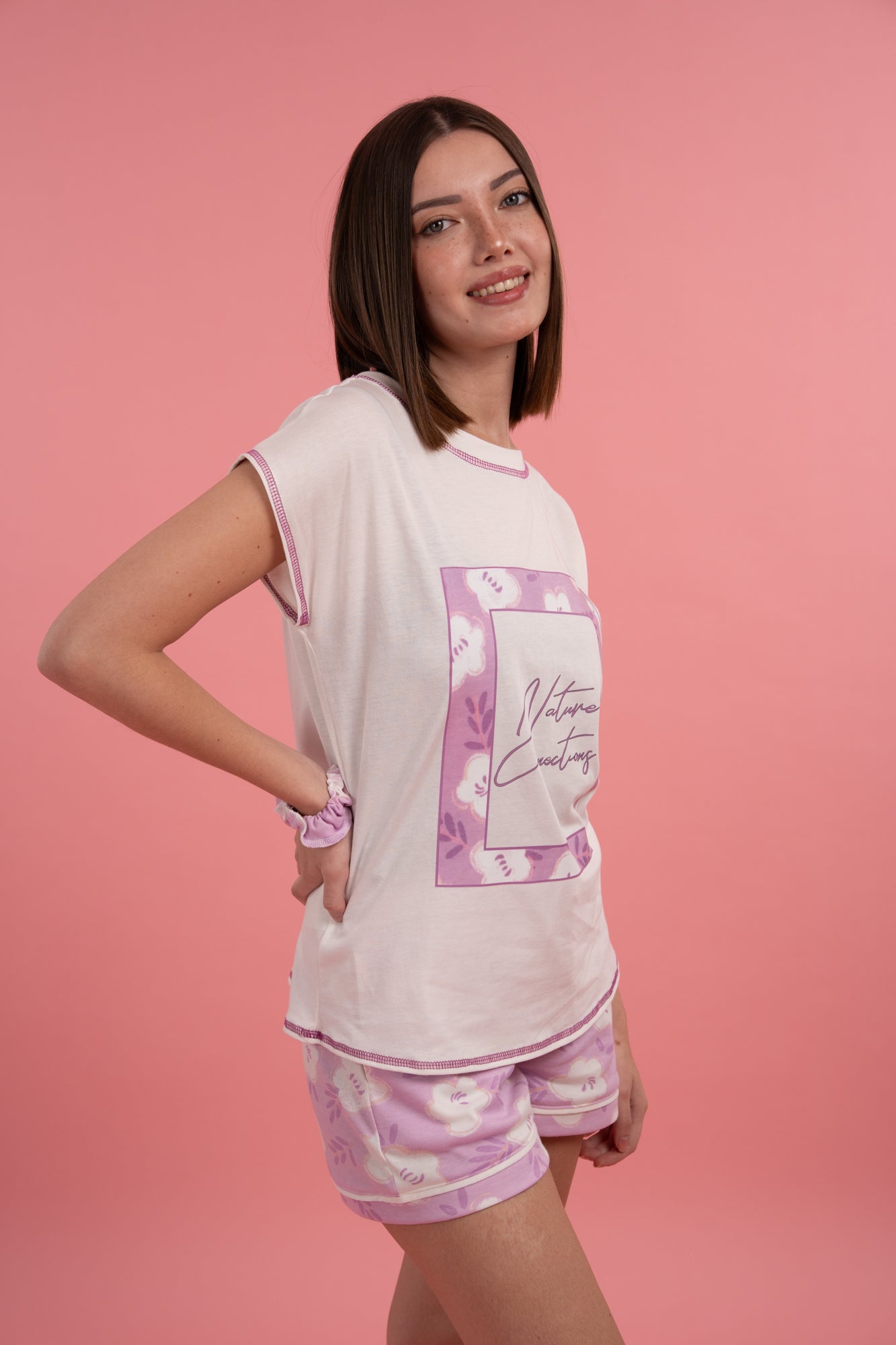 Pijama Natural Pink 2 piezas , blusa manga corta y short con bolsas