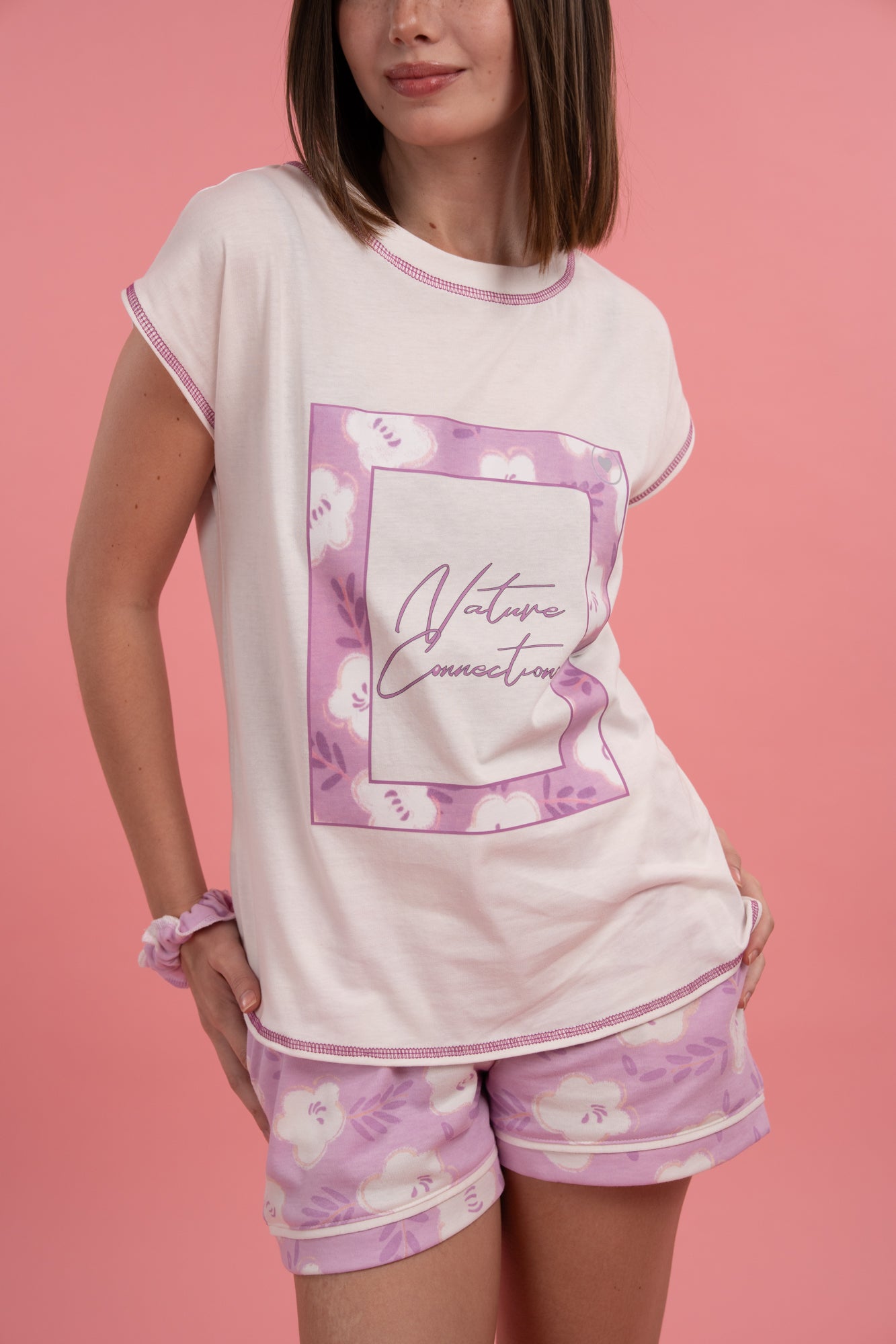 Pijama Natural Pink 2 piezas , blusa manga corta y short con bolsas