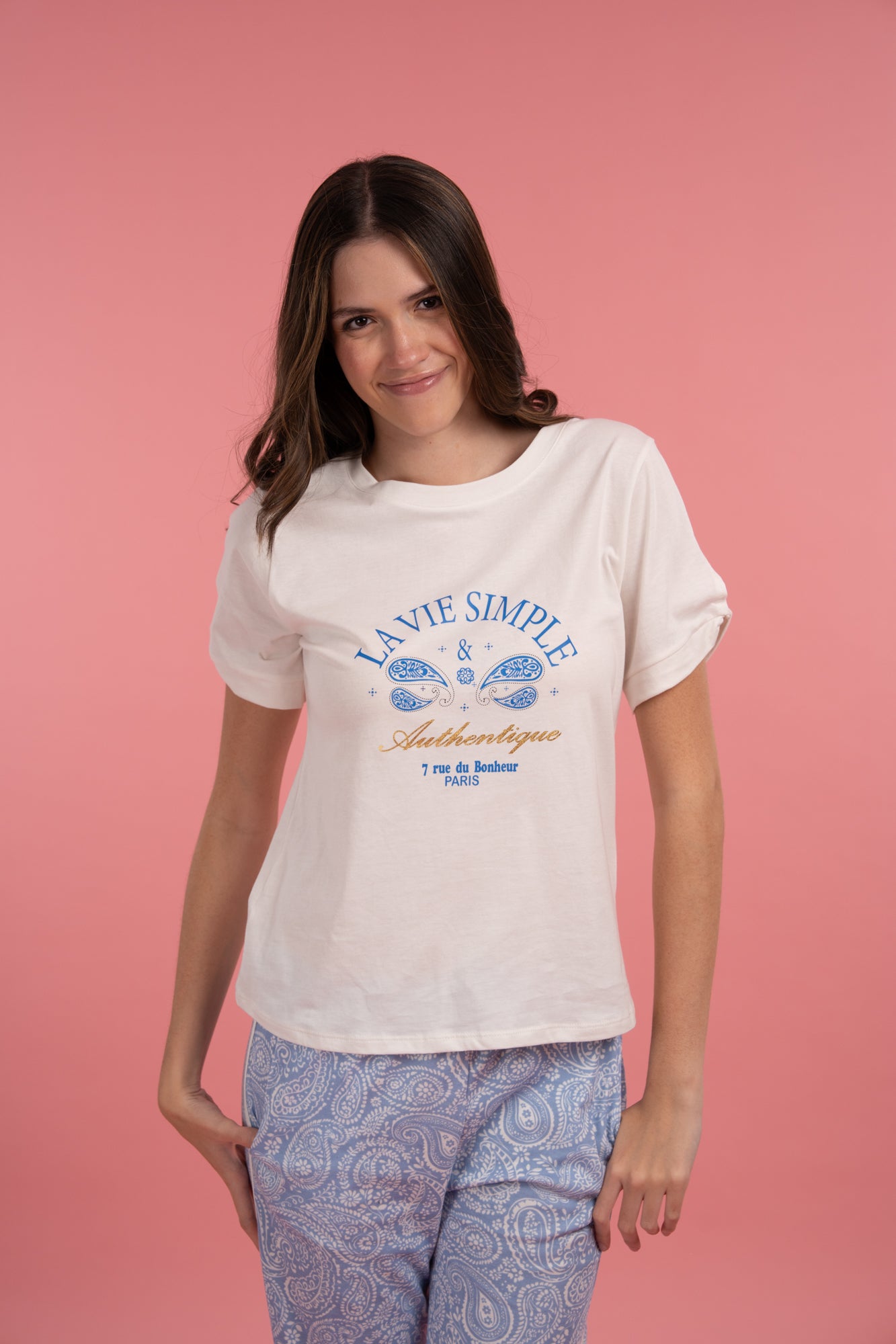 Pijama Vía Simple 2 piezas , blusa manga corta y pantalón con bolsas