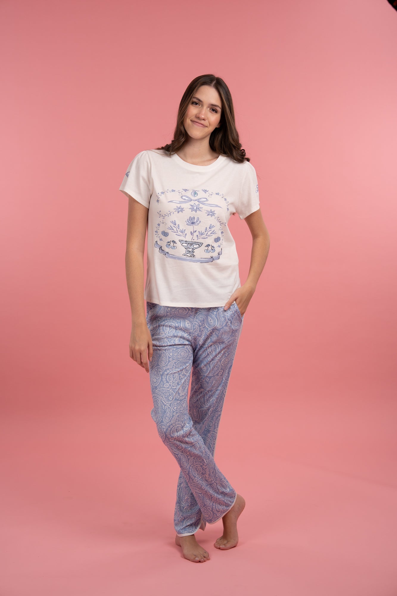 Pijama Olivia 2 piezas , blusa manga corta y pantalones con bolsas
