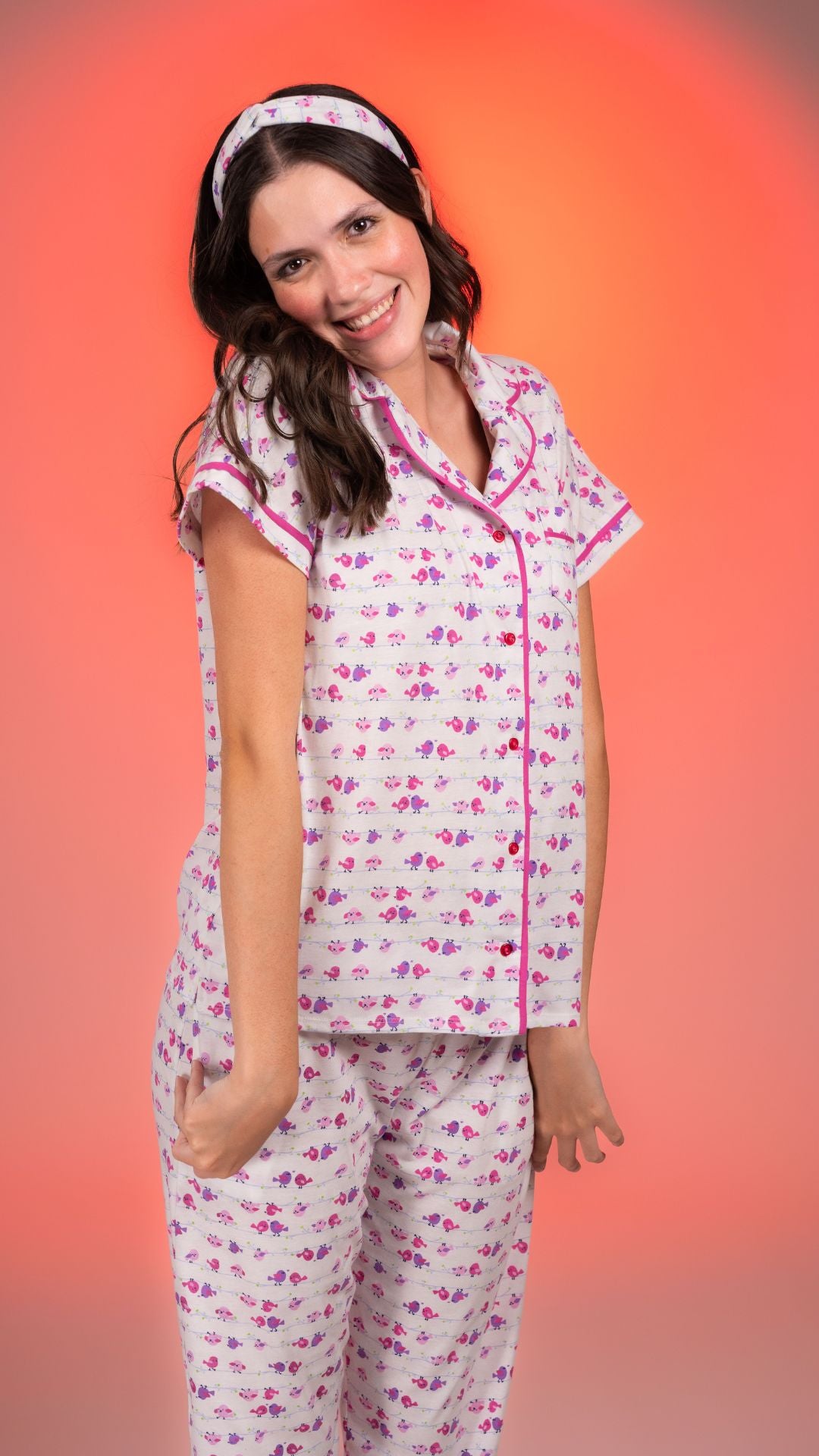 Pijama Camisera Pajaritos 2 piezas , blusa  manga corta  , y pantalón con bolsas 