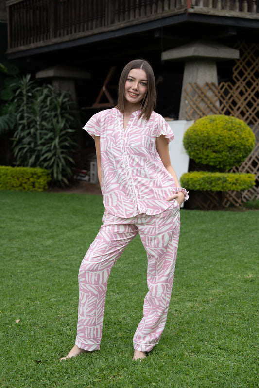 Pijama Chloe Manga 2 piezas , blusa  manga corta  , y pantalón con bolsas 