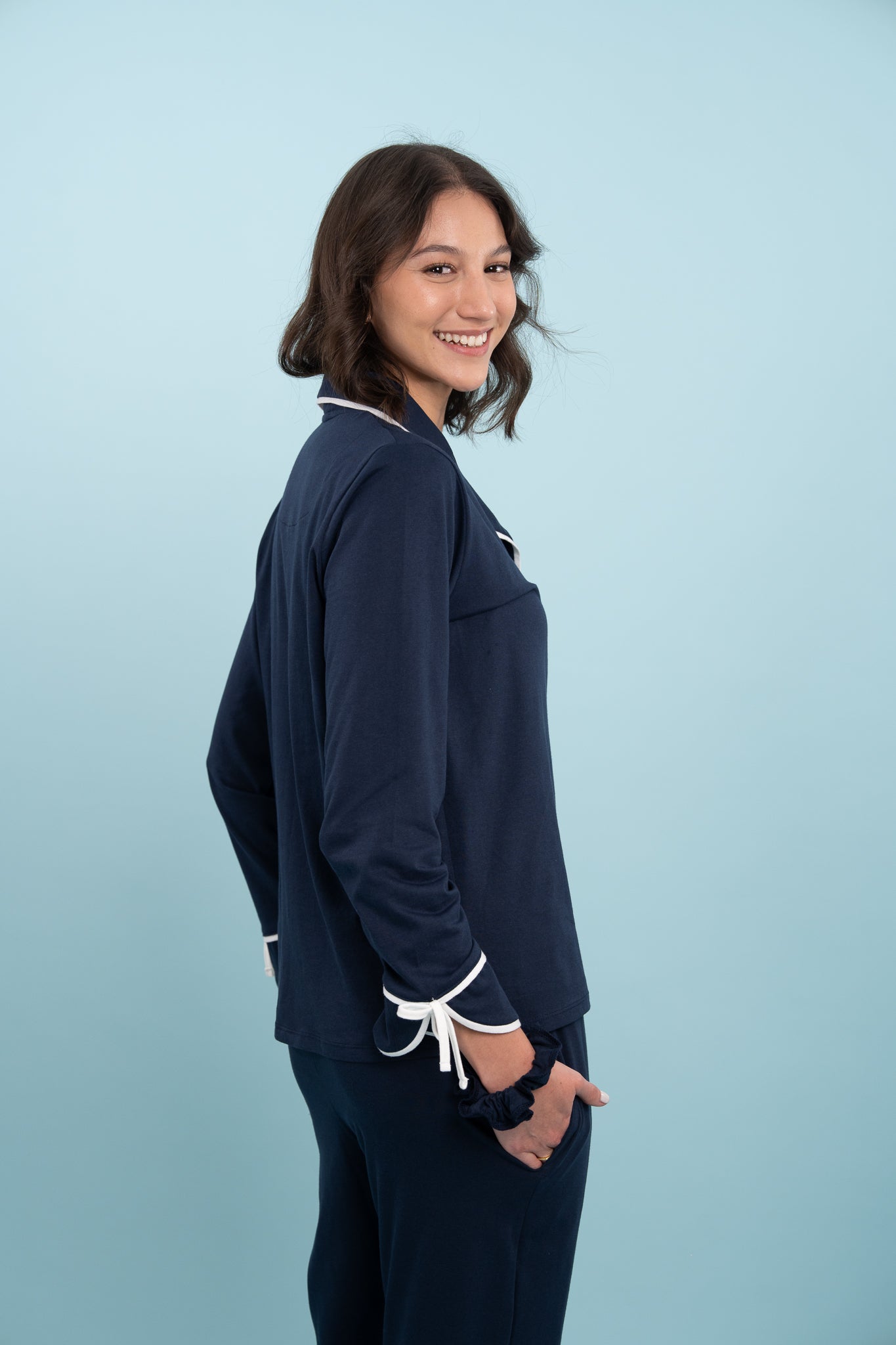 Pijama Camisera Bow Blue Manga larga y pantalon