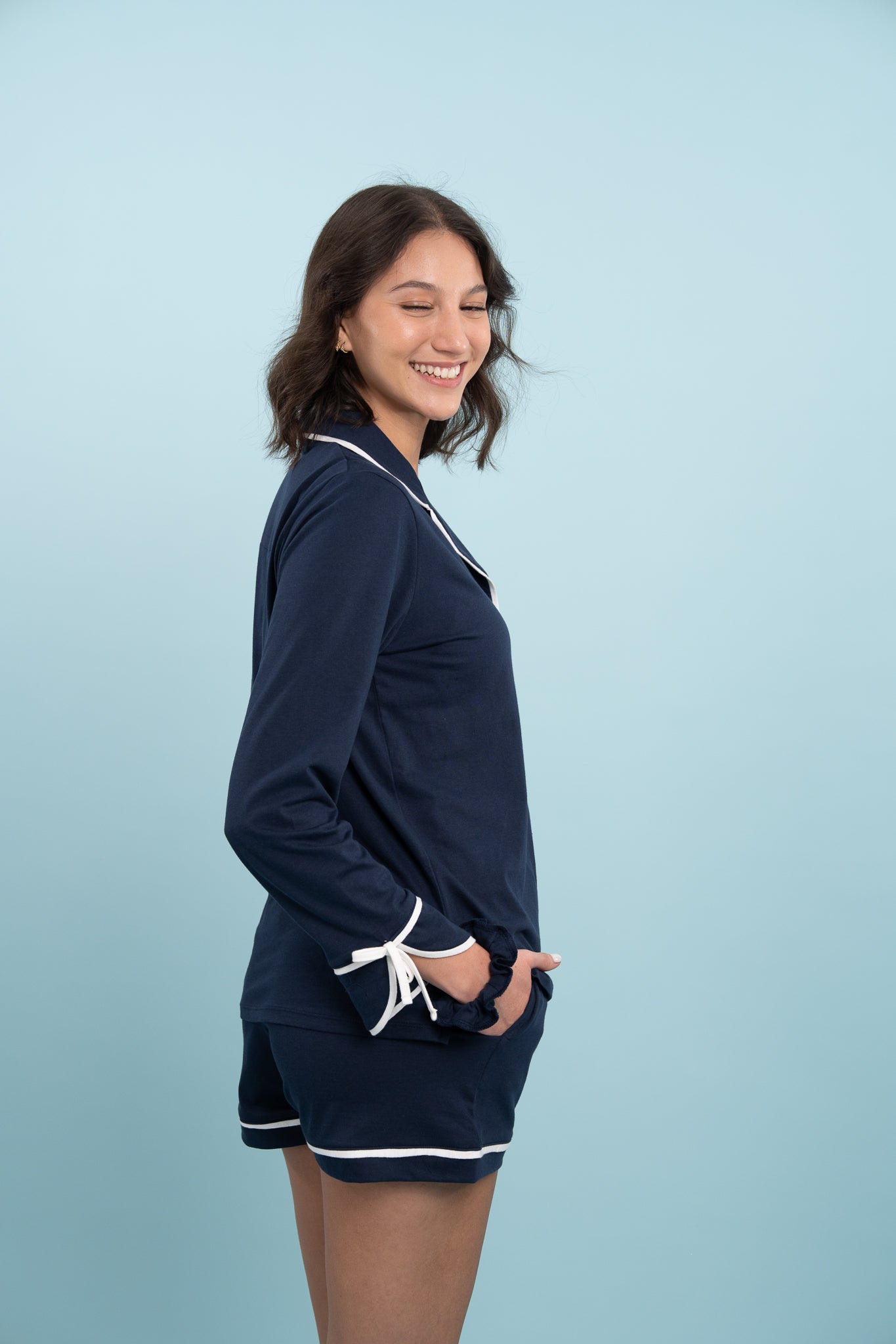 Pijama Camisera  Bow Blue Blusa de botones Manga larga  y short