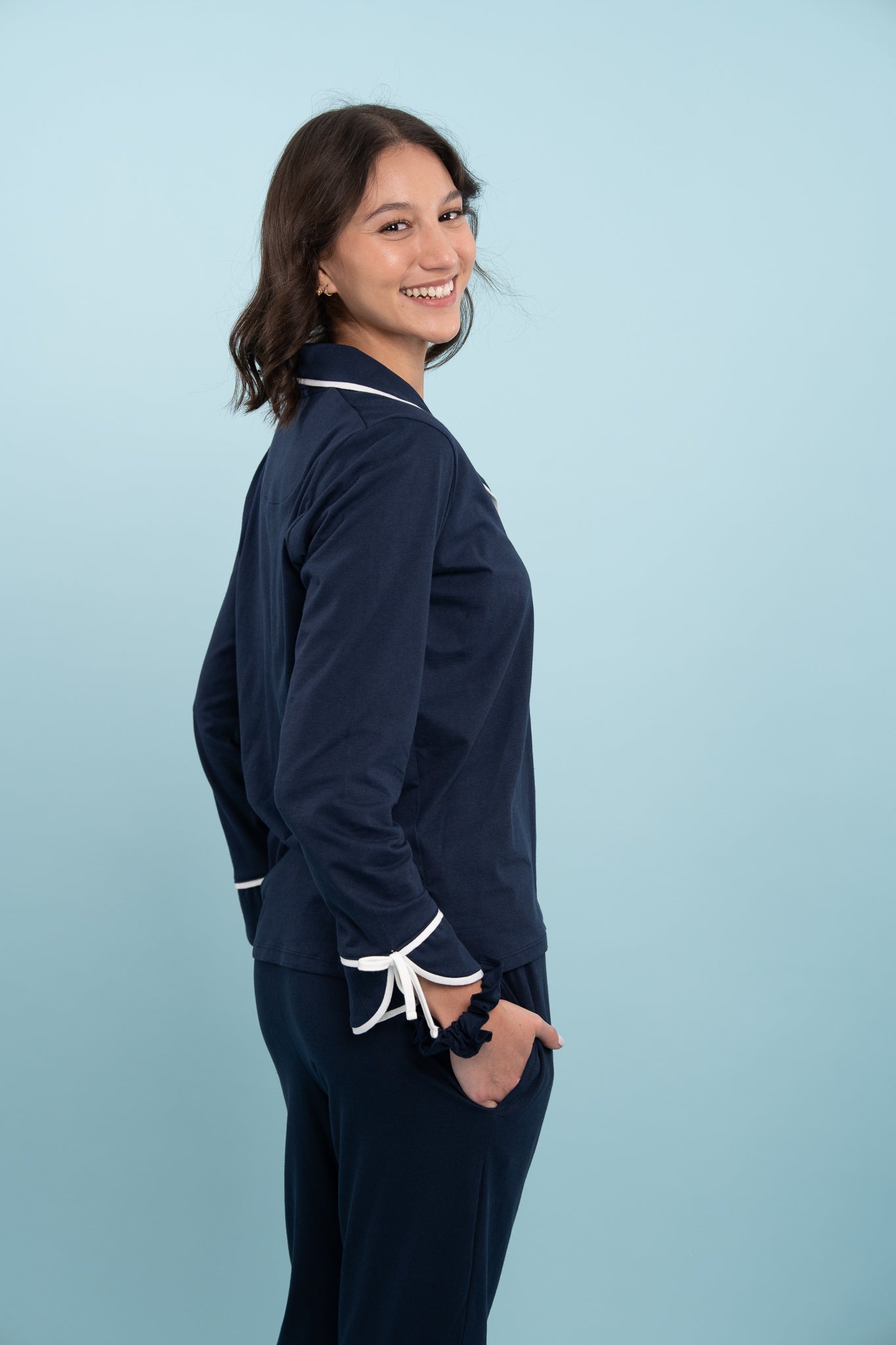 Pijama Camisera Bow Blue Manga larga y pantalon