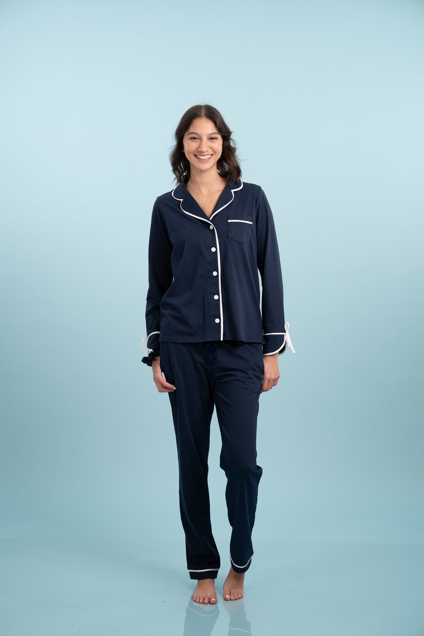 Pijama Camisera Bow Blue Manga larga y pantalon