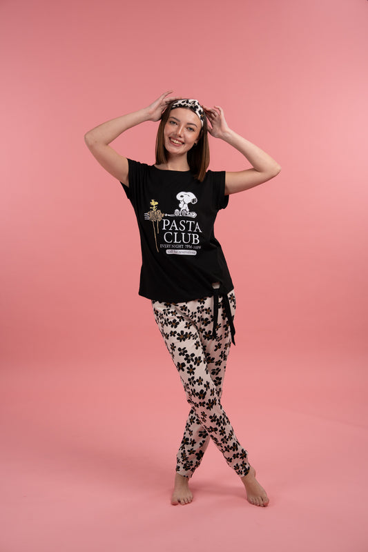 Pijama Pasta Snoopy 2 piezas , blusa  manga corta  y pantalón con bolsas 
