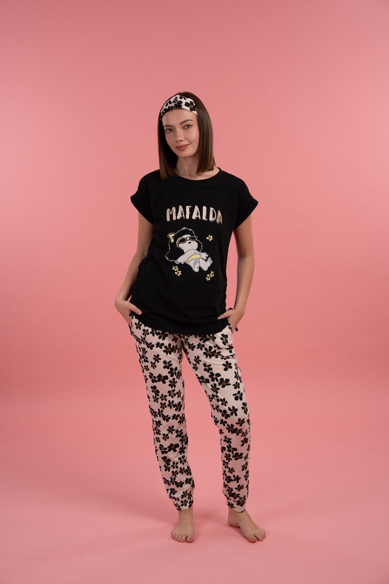 Pijama  Mafalda Margarita 2 piezas , blusa  manga corta  y pantalón con bolsas 
