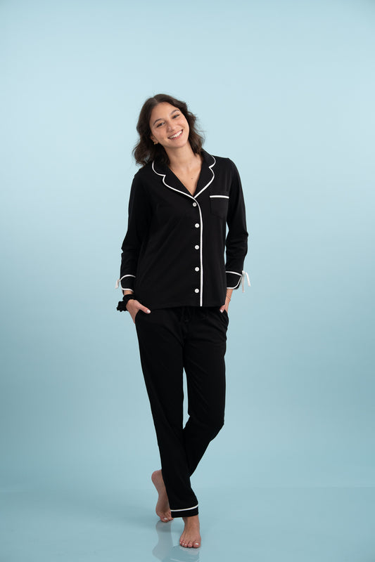 Pijama Camisera Bow Black Manga larga y pantalon
