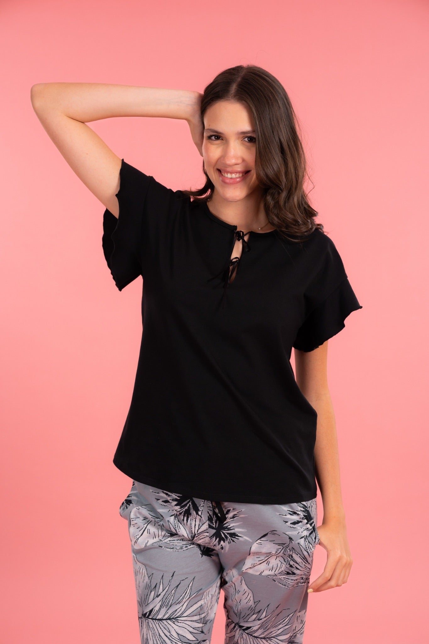 Pijama Clásica Camila 2 piezas , blusa  manga corta  , y pantalón con bolsas 