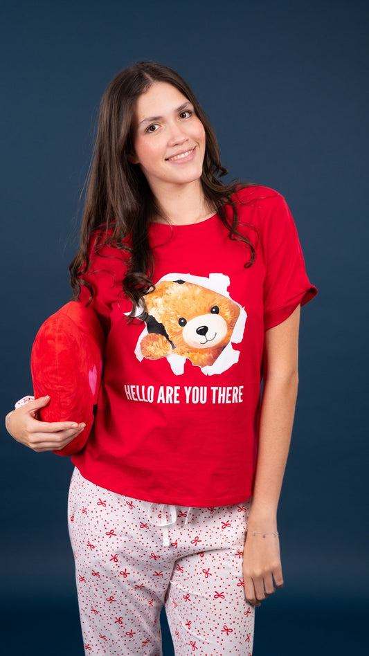 Pijama Teddy 2 piezas , blusa  manga corta  , y pantalón con bolsas 