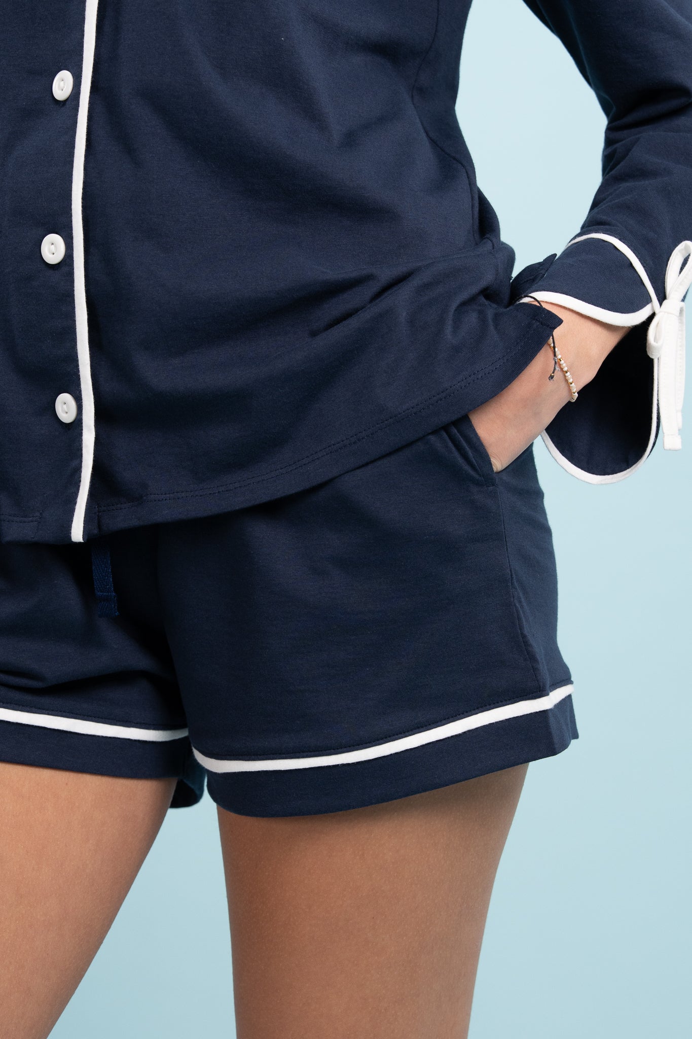 Pijama Camisera  Bow Blue Blusa de botones Manga larga  y short