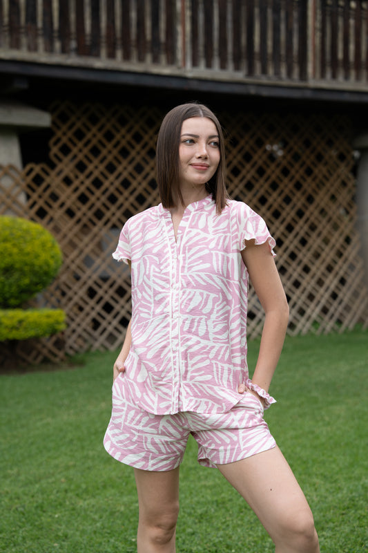 Pijama Camisera Chloe 2 piezas , blusa  manga corta y short con bolsas 