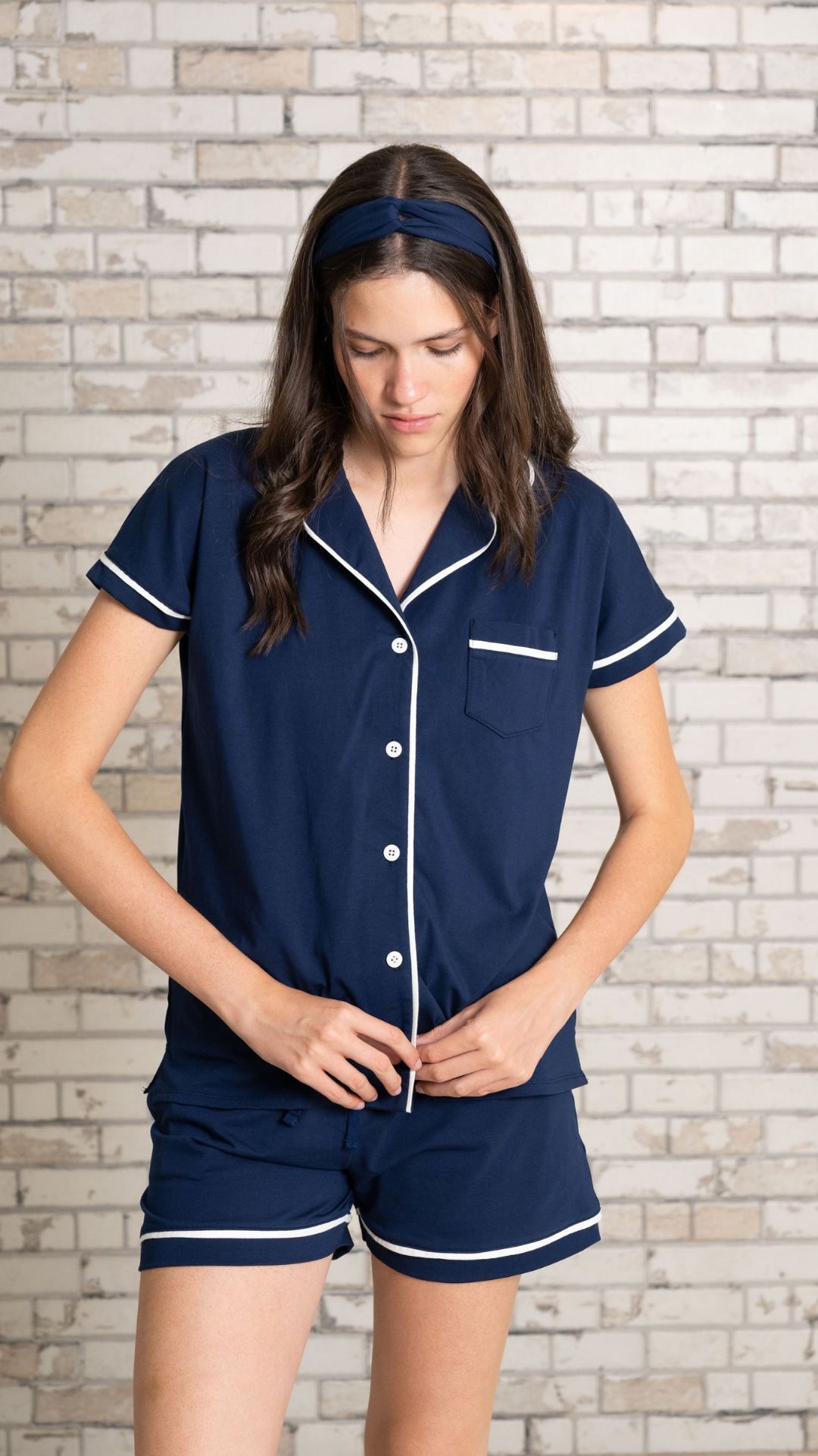 Pijama Camisera Off duty azul 2 piezas , blusa  manga corta  , y pantalón con bolsas 