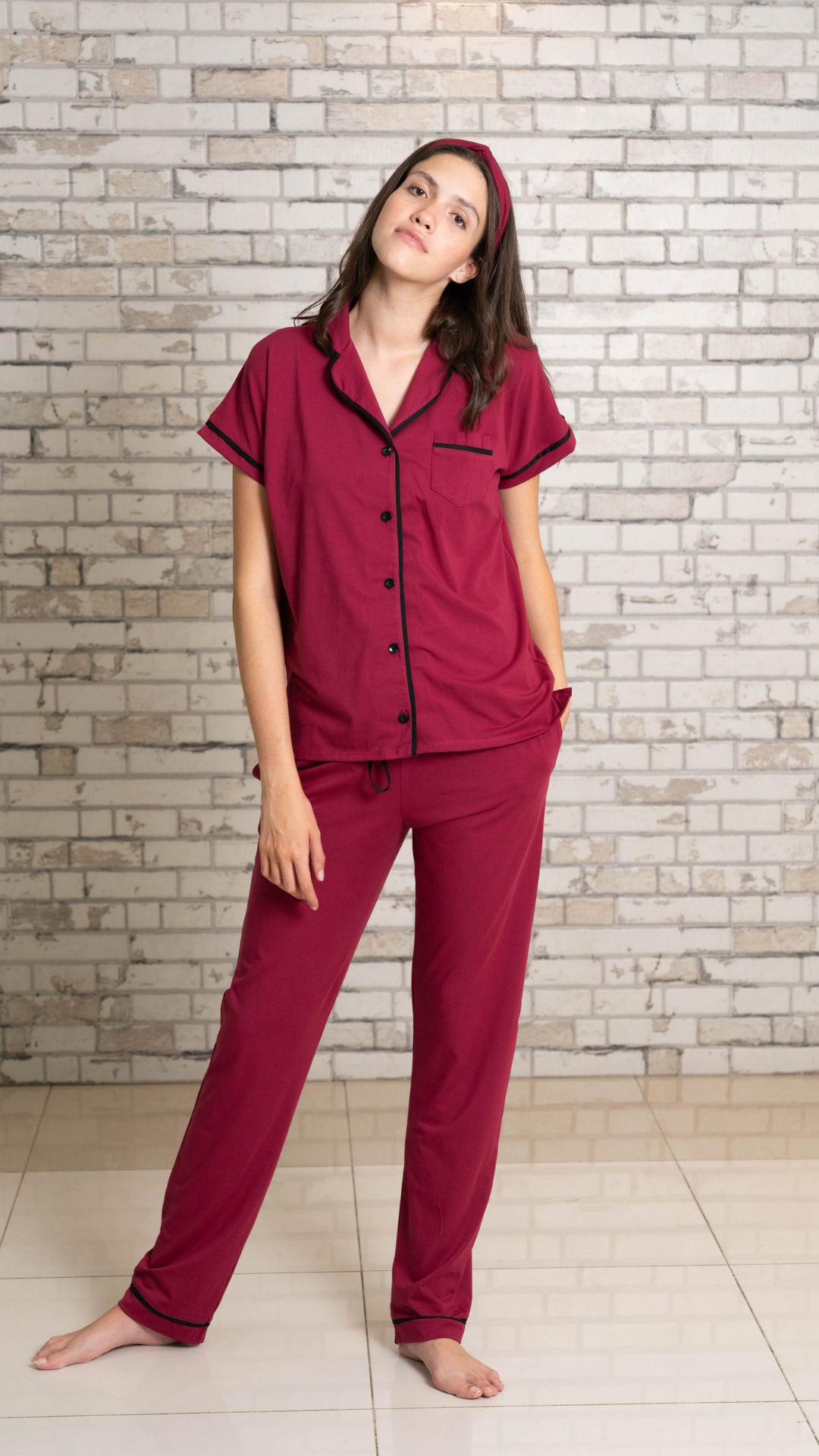 Pijama  Camisera Off duty vino 2 piezas , blusa  manga corta  , y pantalón con bolsas 