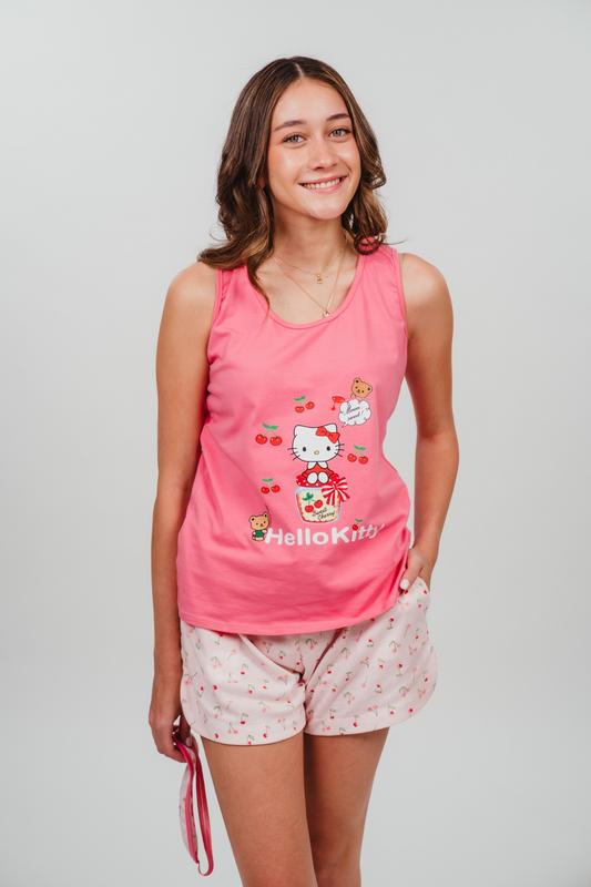 Pijama Kitty  2 piezas , blusa  manga corta  , y short con bolsas 