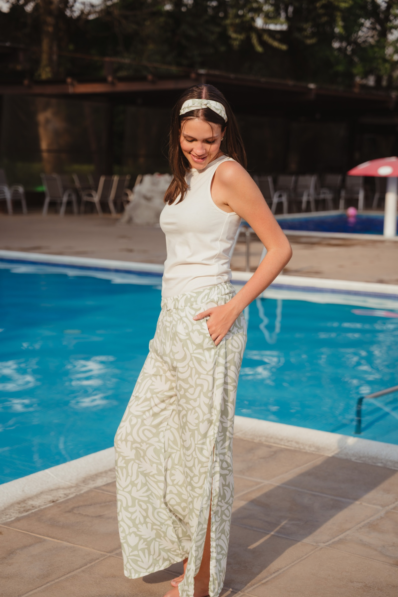 Set 2 Verdino piezas , top  , y pantalón ancho  con bolsas 