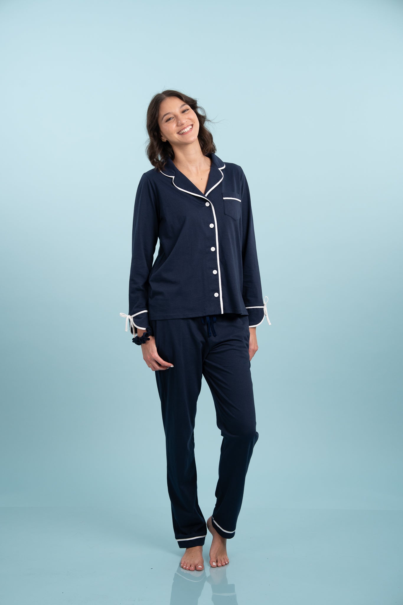 Pijama Camisera Bow Blue Manga larga y pantalon