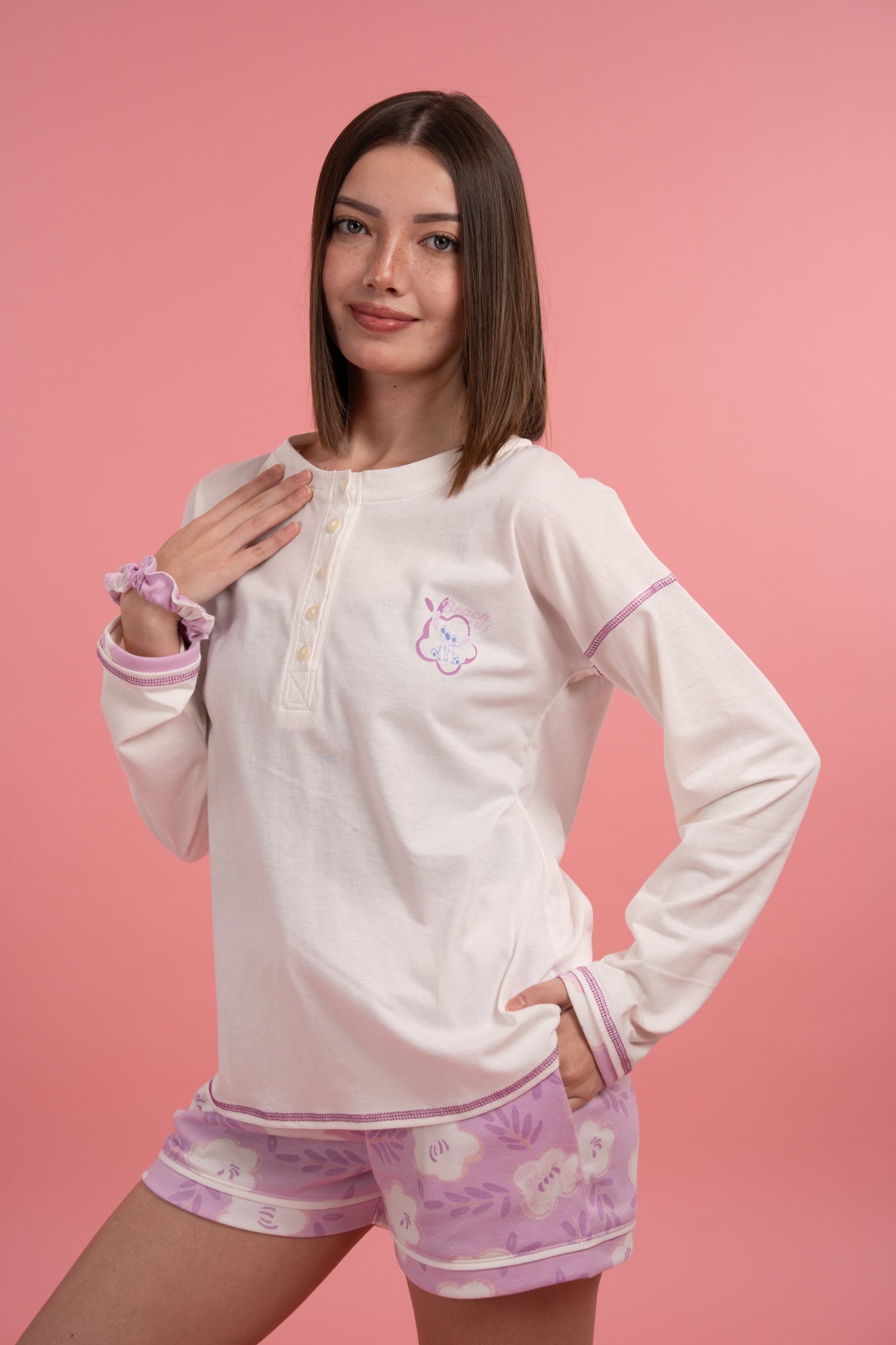 Pijama Stitch Life 2 piezas , blusa  manga larga y short con bolsas 