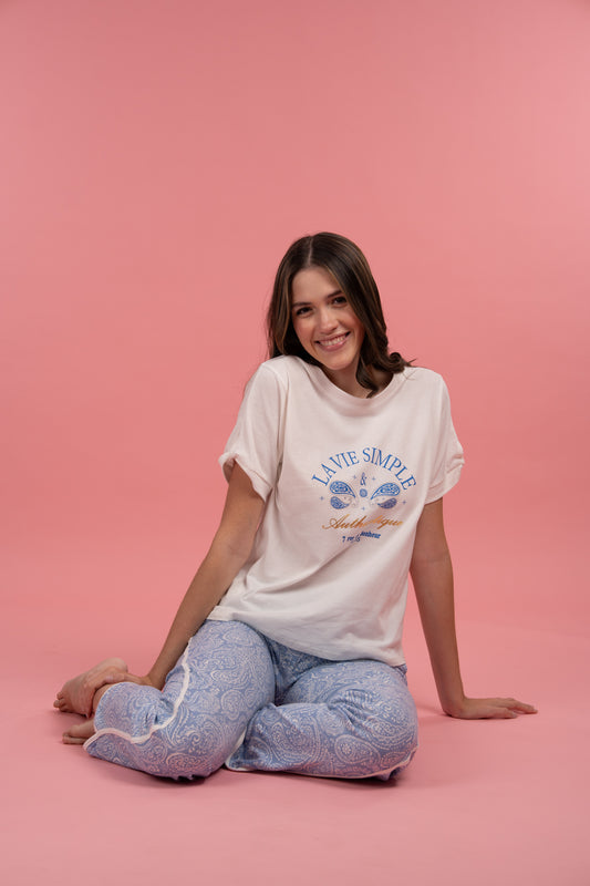 Pijama Vía Simple 2 piezas , blusa  manga corta  y pantalón con bolsas 