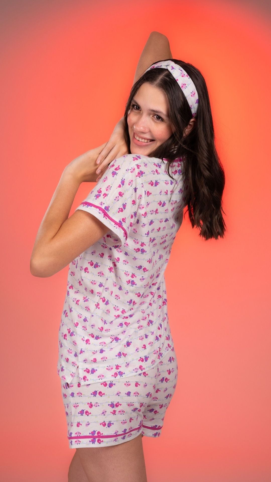 Pijama Camisera Pajaritos 2 piezas , blusa  manga corta  , y pantalón con bolsas 