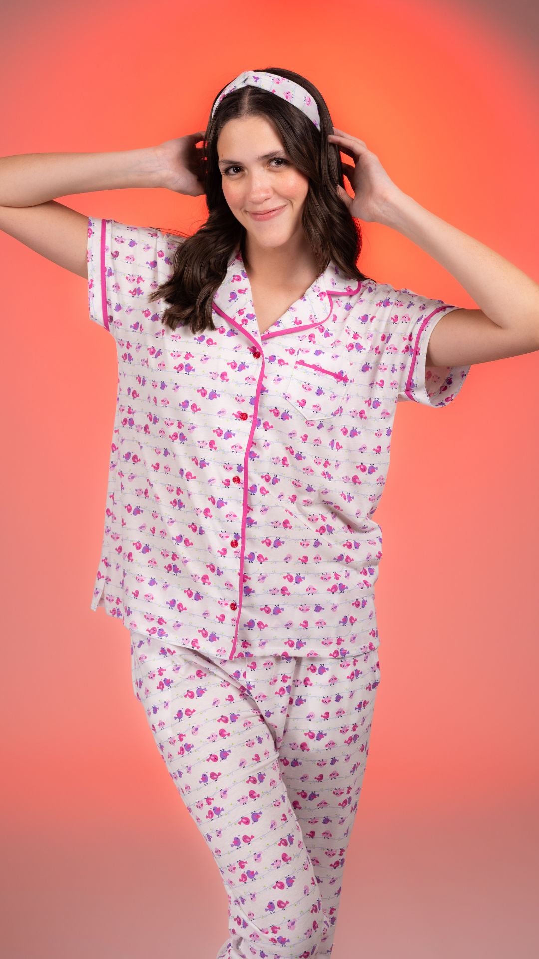 Pijama Camisera Pajaritos 2 piezas , blusa  manga corta  , y pantalón con bolsas 