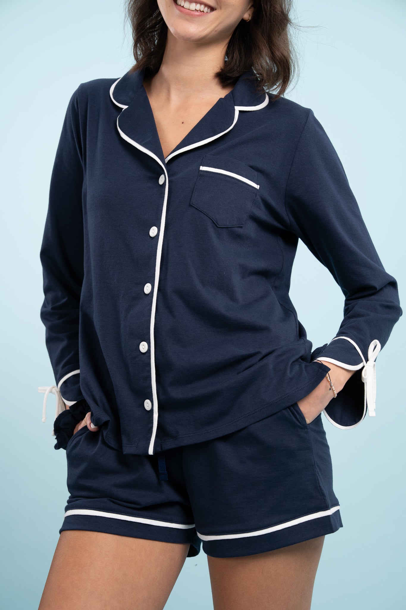 Pijama Camisera  Bow Blue Blusa de botones Manga larga  y short