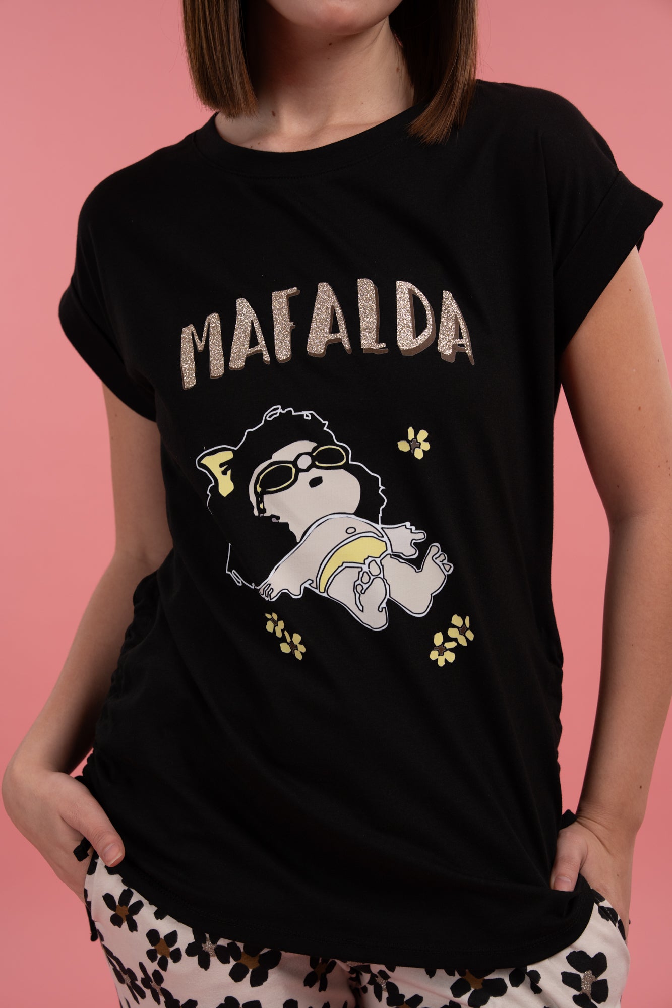 Pijama  Mafalda Margarita 2 piezas , blusa  manga corta  y pantalón con bolsas 