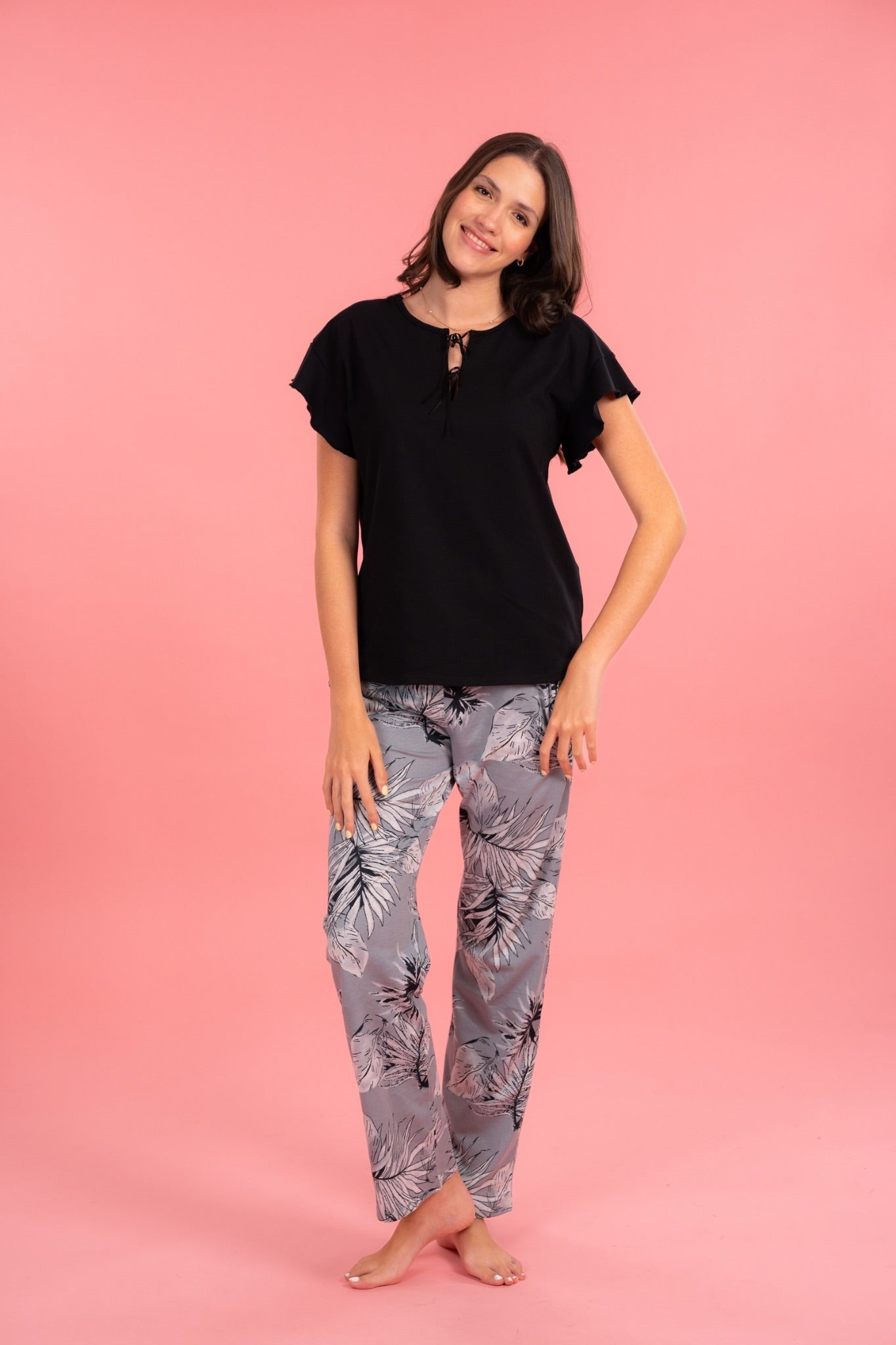 Pijama Clásica Camila 2 piezas , blusa  manga corta  , y pantalón con bolsas 