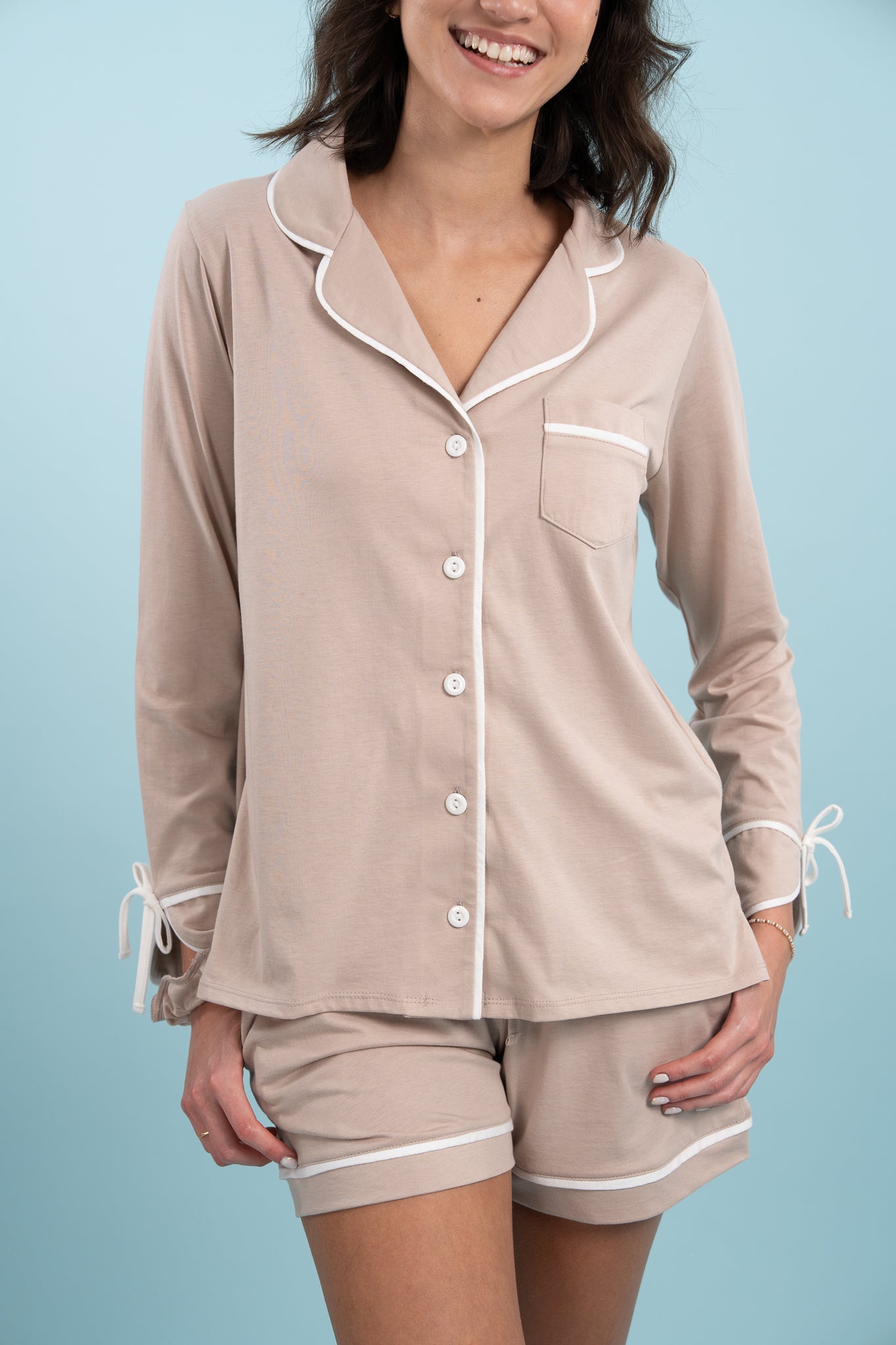 Pijama Camisera  Bow Cocoa Blusa de botones Manga larga  y short