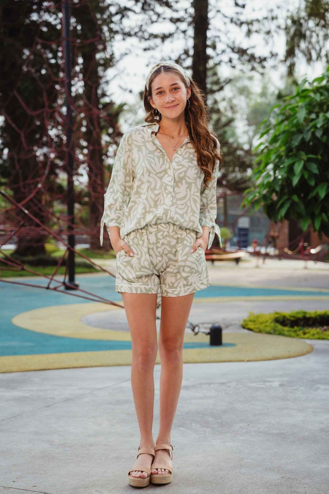 Set Verdino 2 piezas , blusa camisera larga , short con bolsas 